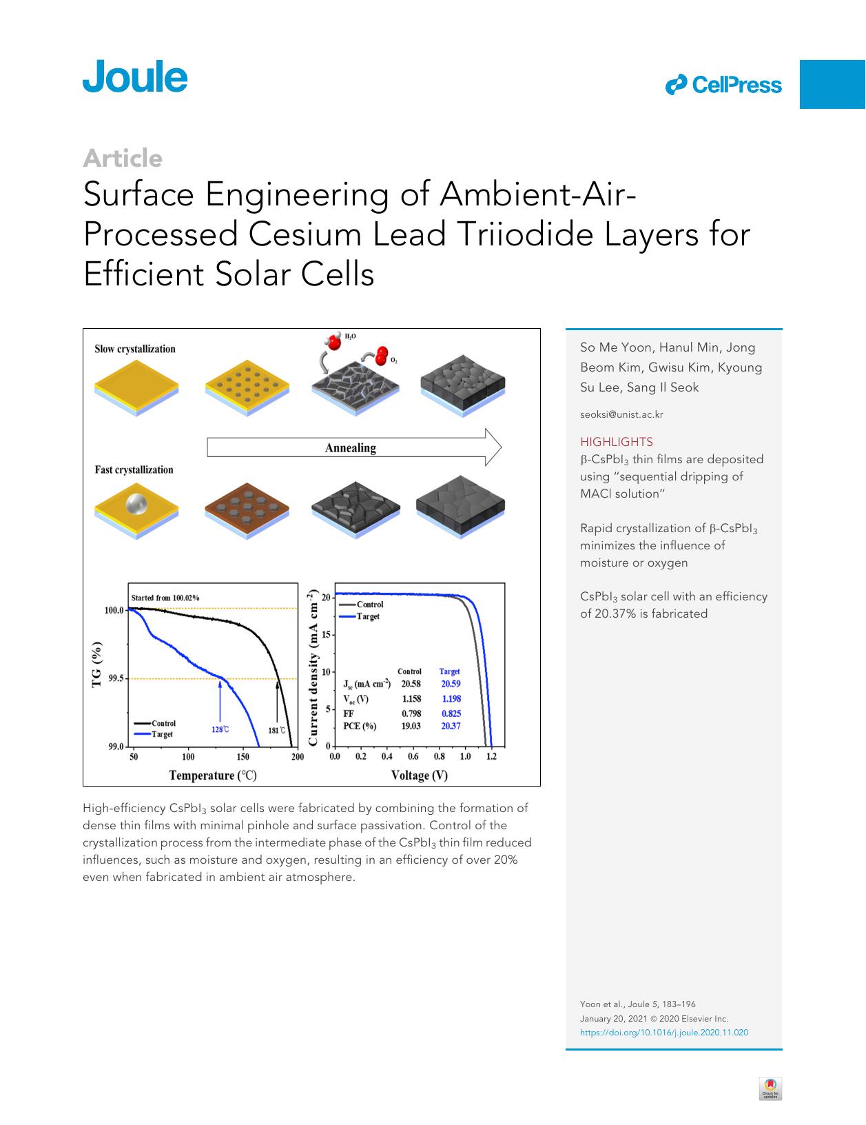 Surface Engineering of Ambient-Air-Processed Cesium Lead Triiodide Layers for Efficient Solar Cells by So Me Yoon & Hanul Min & Jong Beom Kim & Gwisu Kim & Kyoung Su Lee & Sang Il Seok
