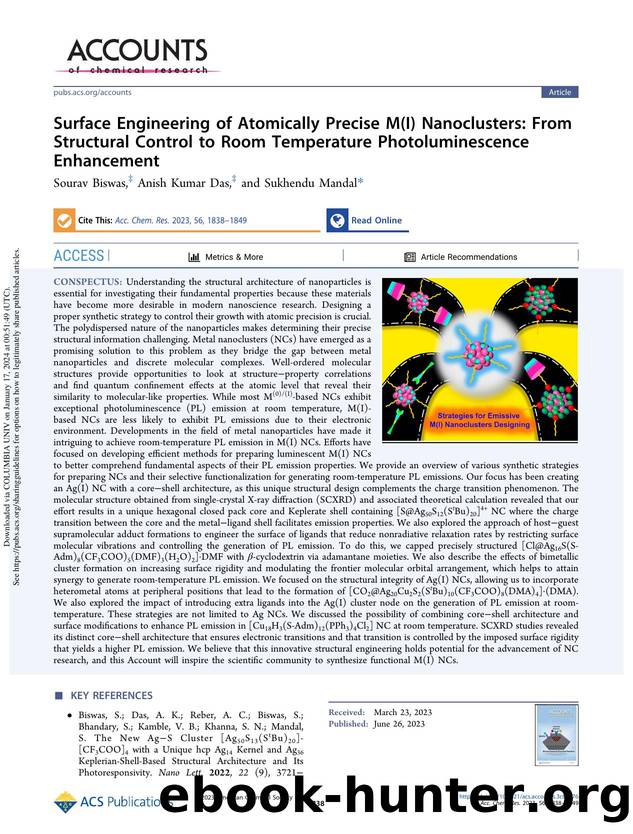 Surface Engineering of Atomically Precise M(I) Nanoclusters: From Structural Control to Room Temperature Photoluminescence Enhancement by Sourav Biswas Anish Kumar Das & Sukhendu Mandal