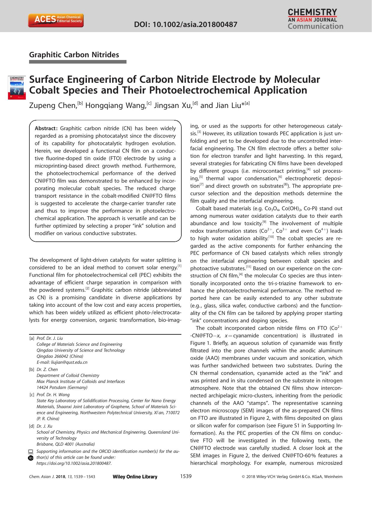 Surface Engineering of Carbon Nitride Electrode by Molecular Cobalt Species and Their Photoelectrochemical Application by Unknown