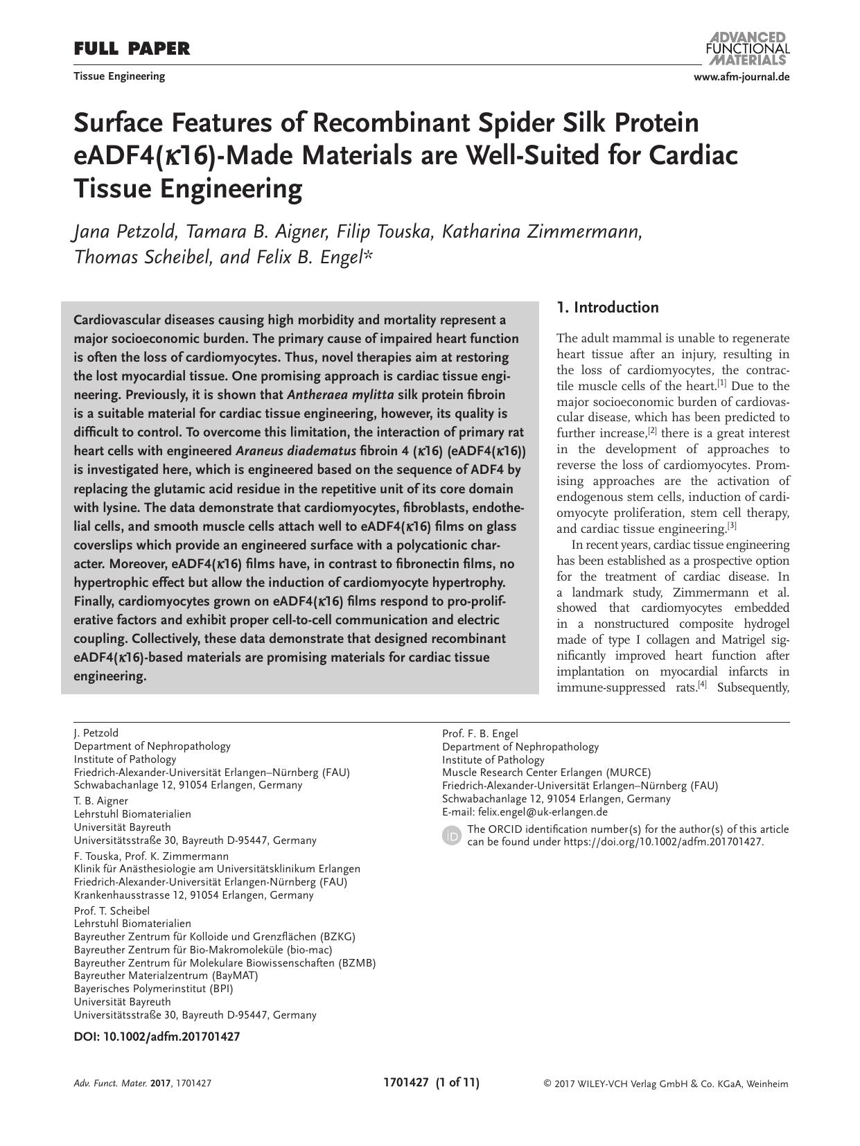 Surface Features of Recombinant Spider Silk Protein eADF4(κ16)‐Made Materials are Well‐Suited for Cardiac Tissue Engineering by Unknown