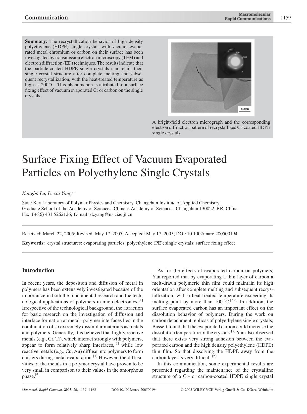 Surface Fixing Effect of Vacuum Evaporated Particles on Polyethylene Single Crystals by Unknown