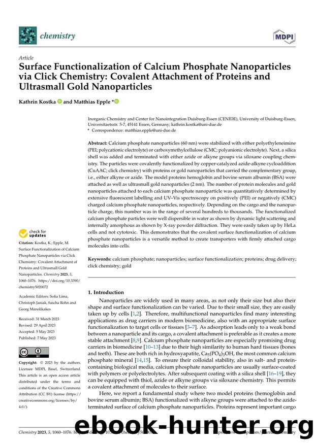 Surface Functionalization of Calcium Phosphate Nanoparticles via Click Chemistry: Covalent Attachment of Proteins and Ultrasmall Gold Nanoparticles by Kathrin Kostka & Matthias Epple