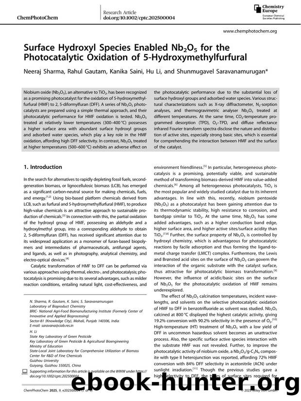 Surface Hydroxyl Species Enabled Nb2O5 for the Photocatalytic Oxidation of 5âHydroxymethylfurfural by Neeraj Sharma & Rahul Gautam & Kanika Saini & Hu Li & Shunmugavel Saravanamurugan