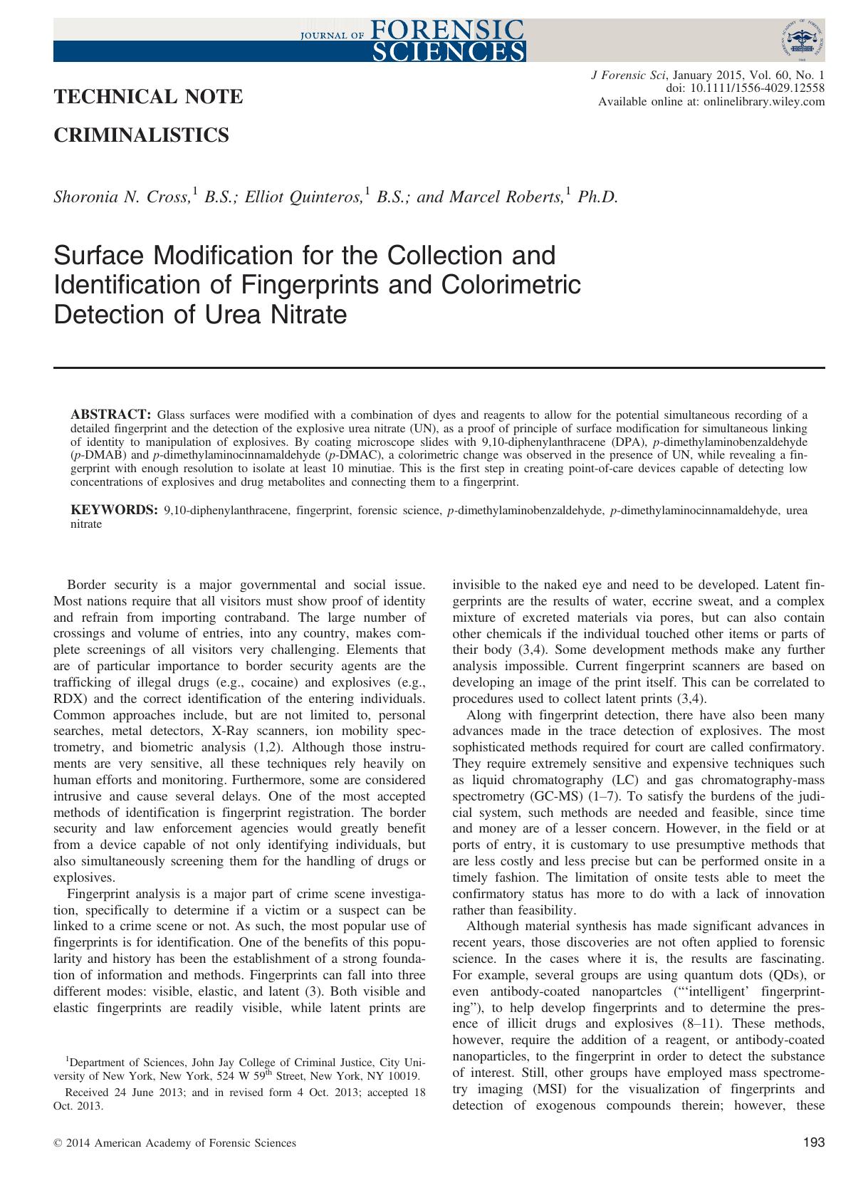 Surface Modification for the Collection and Identification of Fingerprints and Colorimetric Detection of Urea Nitrate by Unknown