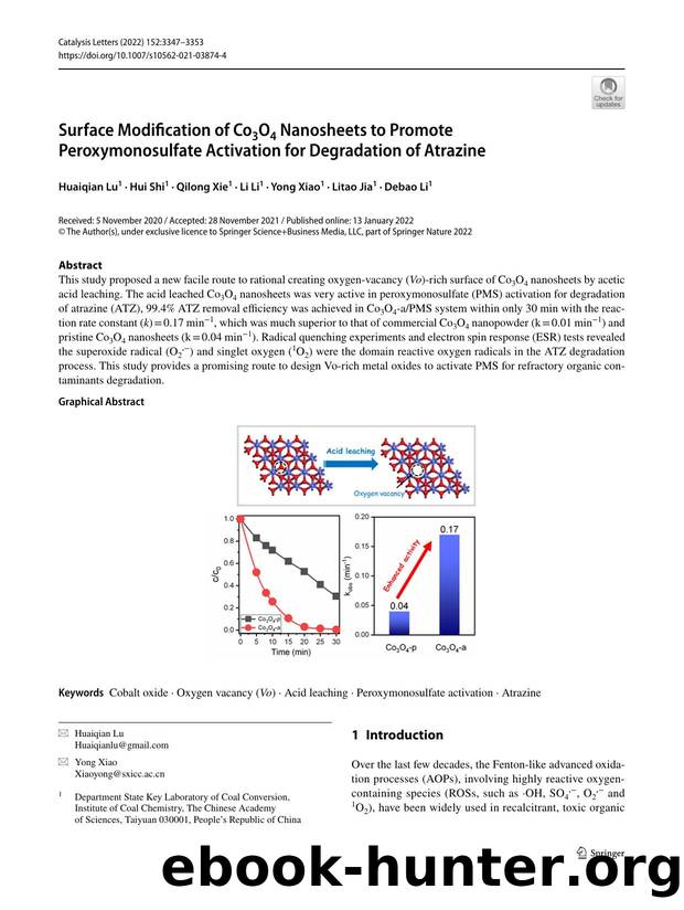 Surface Modification of Co3O4 Nanosheets to Promote Peroxymonosulfate Activation for Degradation of Atrazine by Huaiqian Lu & Hui Shi & Qilong Xie & Li Li & Yong Xiao & Litao Jia & Debao Li