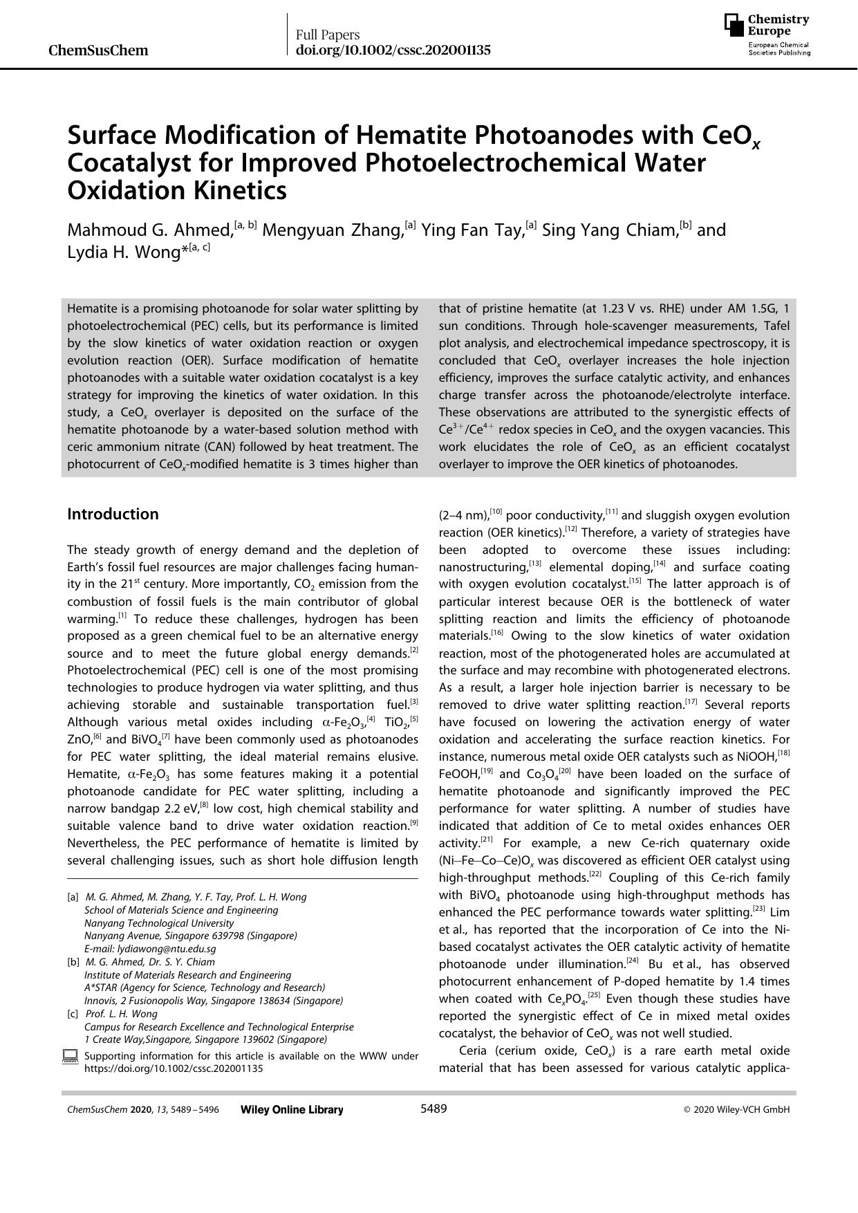 Surface Modification of Hematite Photoanodes with CeOx Cocatalyst for Improved Photoelectrochemical Water Oxidation Kinetics by Unknown