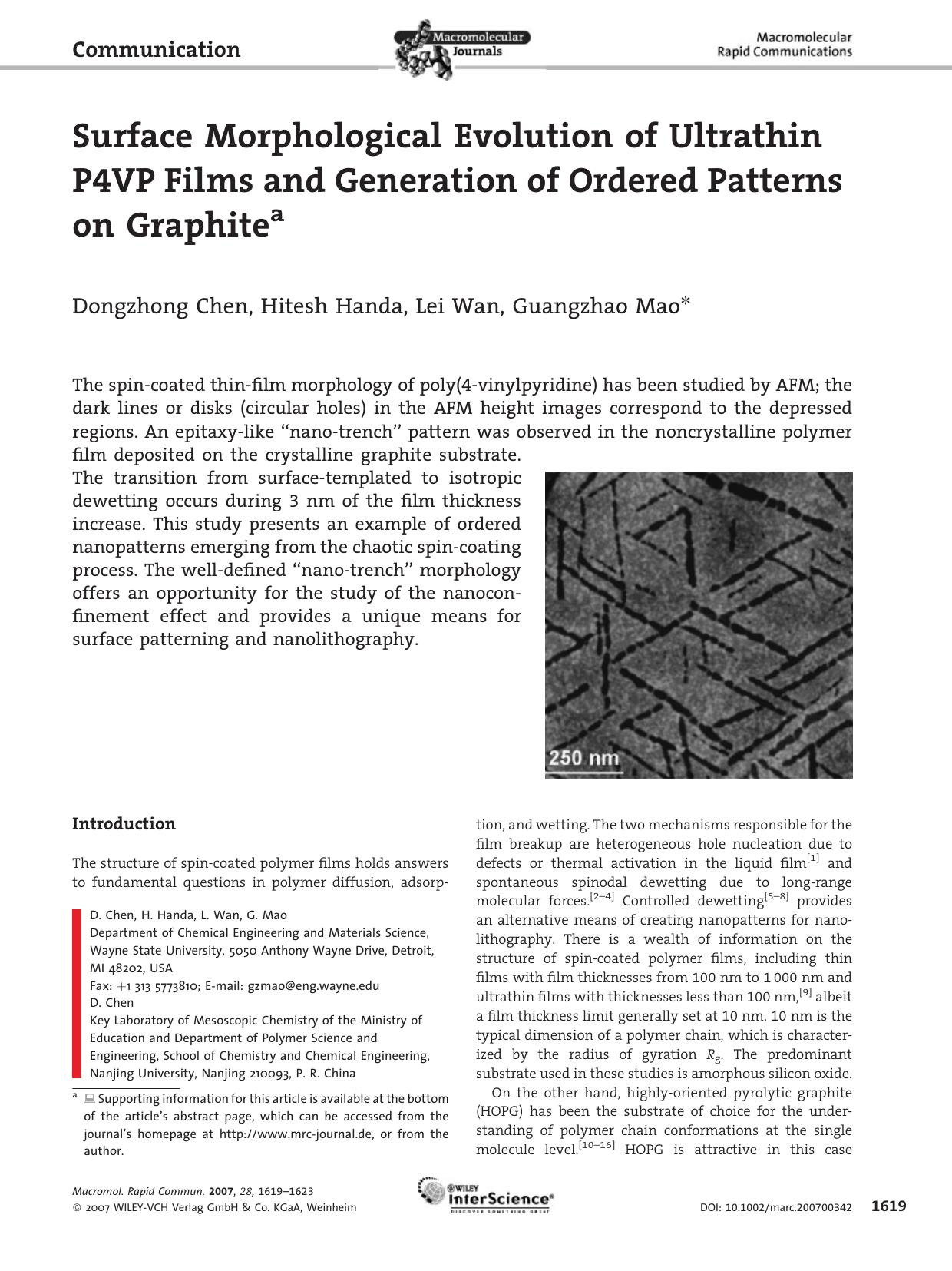 Surface Morphological Evolution of Ultrathin P4VP Films and Generation of Ordered Patterns on Graphite by Unknown