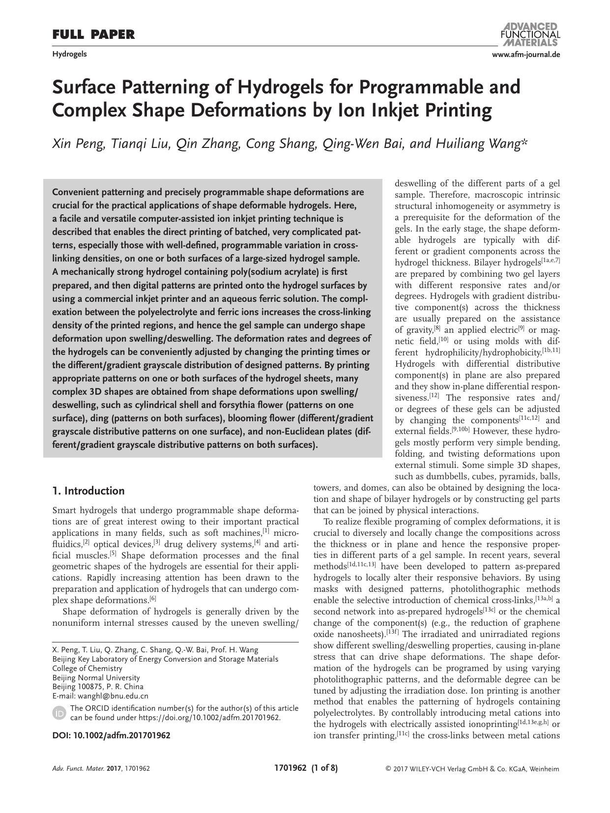 Surface Patterning of Hydrogels for Programmable and Complex Shape Deformations by Ion Inkjet Printing by Unknown