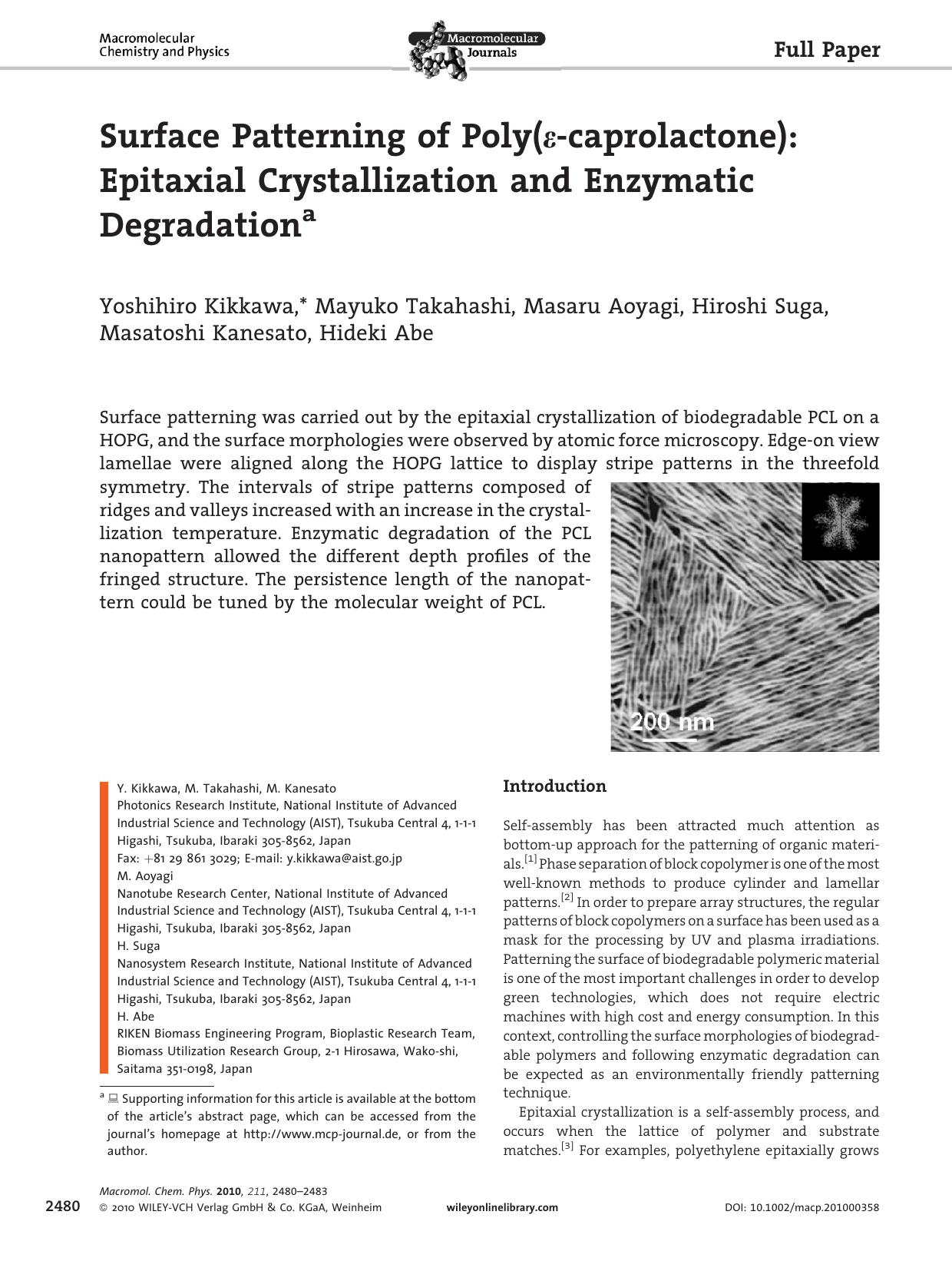 Surface Patterning of Poly(caprolactone): Epitaxial Crystallization and Enzymatic Degradation by Unknown