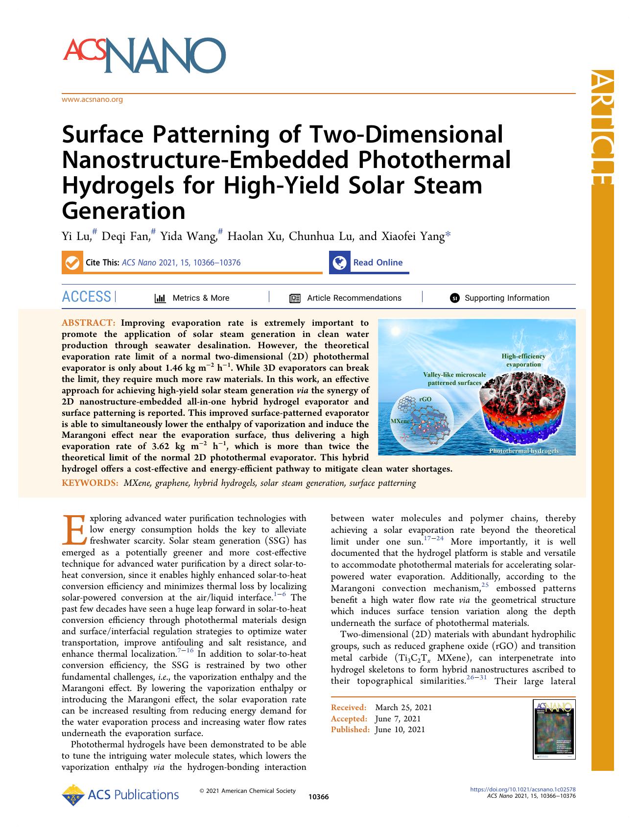 Surface Patterning of Two-Dimensional Nanostructure-Embedded Photothermal Hydrogels for High-Yield Solar Steam Generation by Yi Lu Deqi Fan Yida Wang Haolan Xu Chunhua Lu and Xiaofei Yang