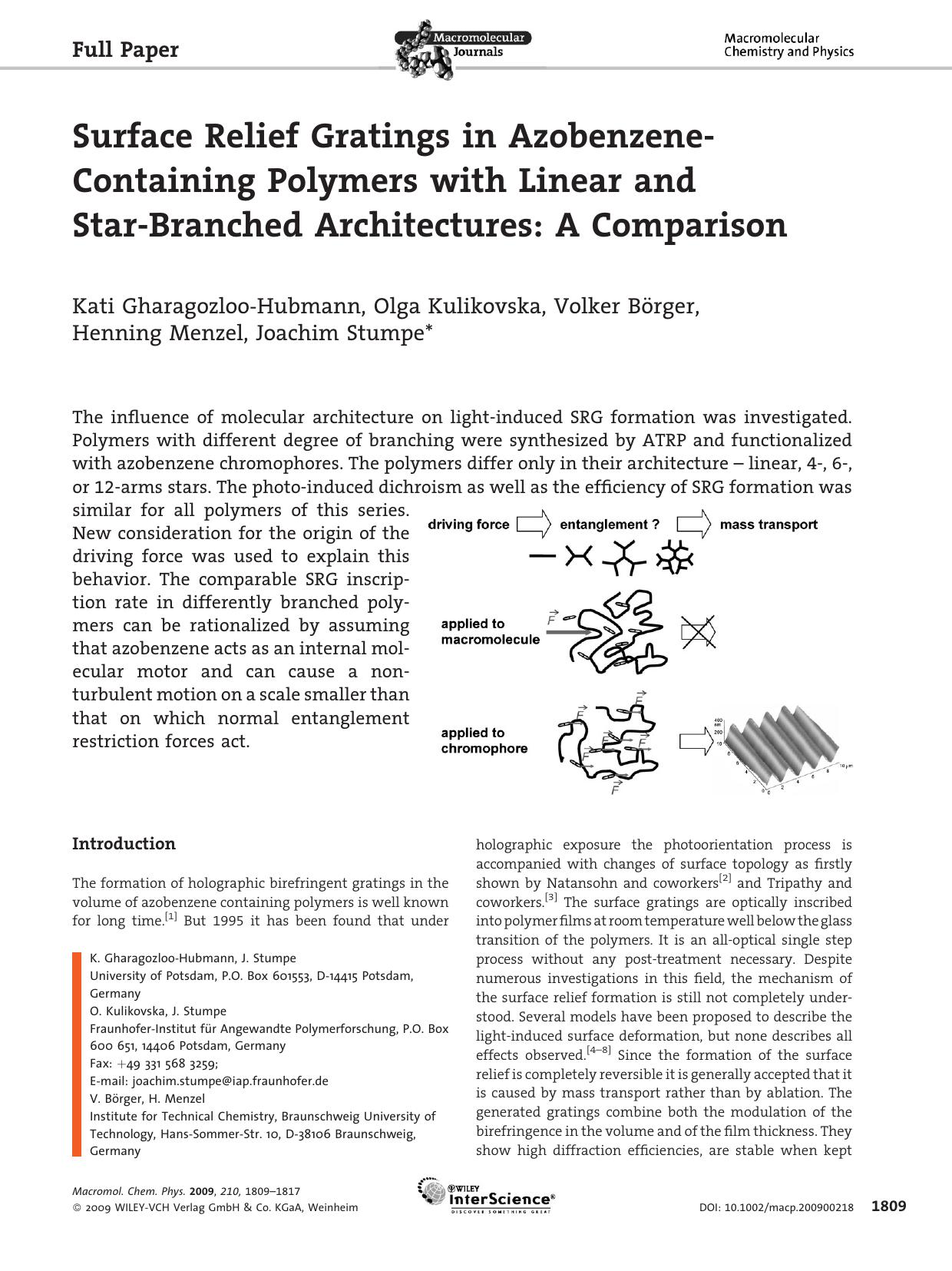 Surface Relief Gratings in Azobenzene-Containing Polymers with Linear and Star-Branched Architectures: A Comparison by unknow