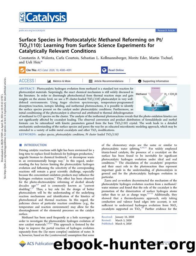 Surface Species in Photocatalytic Methanol Reforming on PtTiO2(110): Learning from Surface Science Experiments for Catalytically Relevant Conditions by unknow