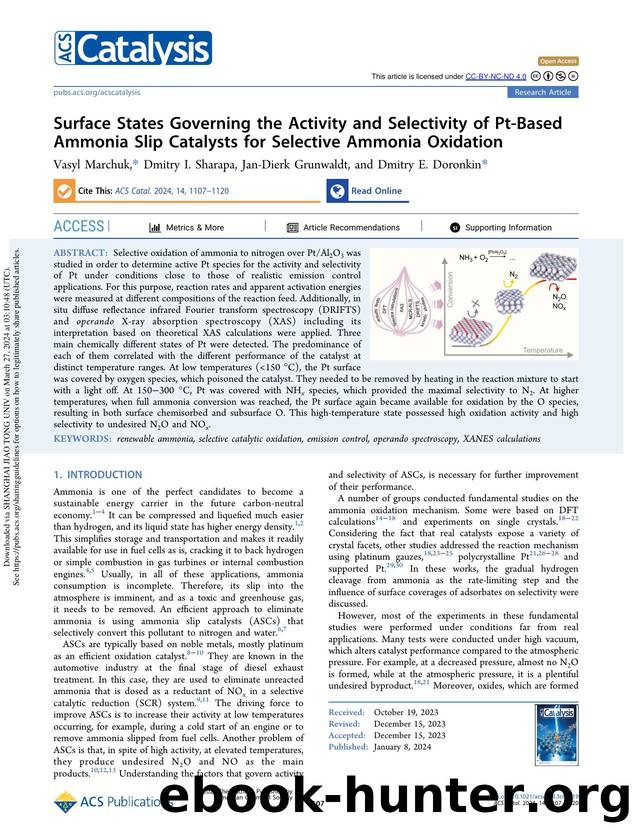 Surface States Governing the Activity and Selectivity of Pt-Based Ammonia Slip Catalysts for Selective Ammonia Oxidation by Vasyl Marchuk Dmitry I. Sharapa Jan-Dierk Grunwaldt & Dmitry E. Doronkin