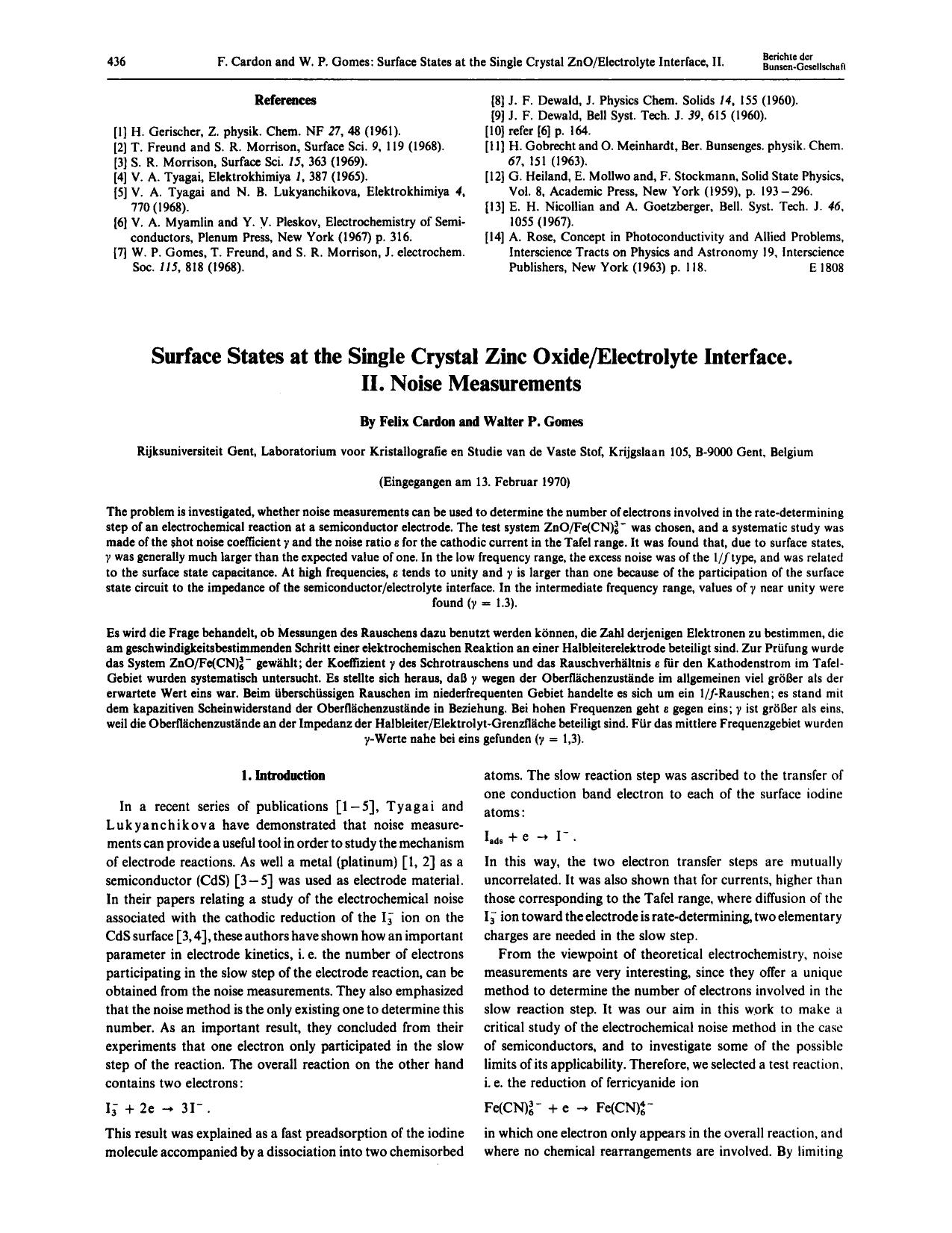 Surface States at the Single Crystal Zinc OxideElectrolyte Interface. II. Noise Measurements by Unknown