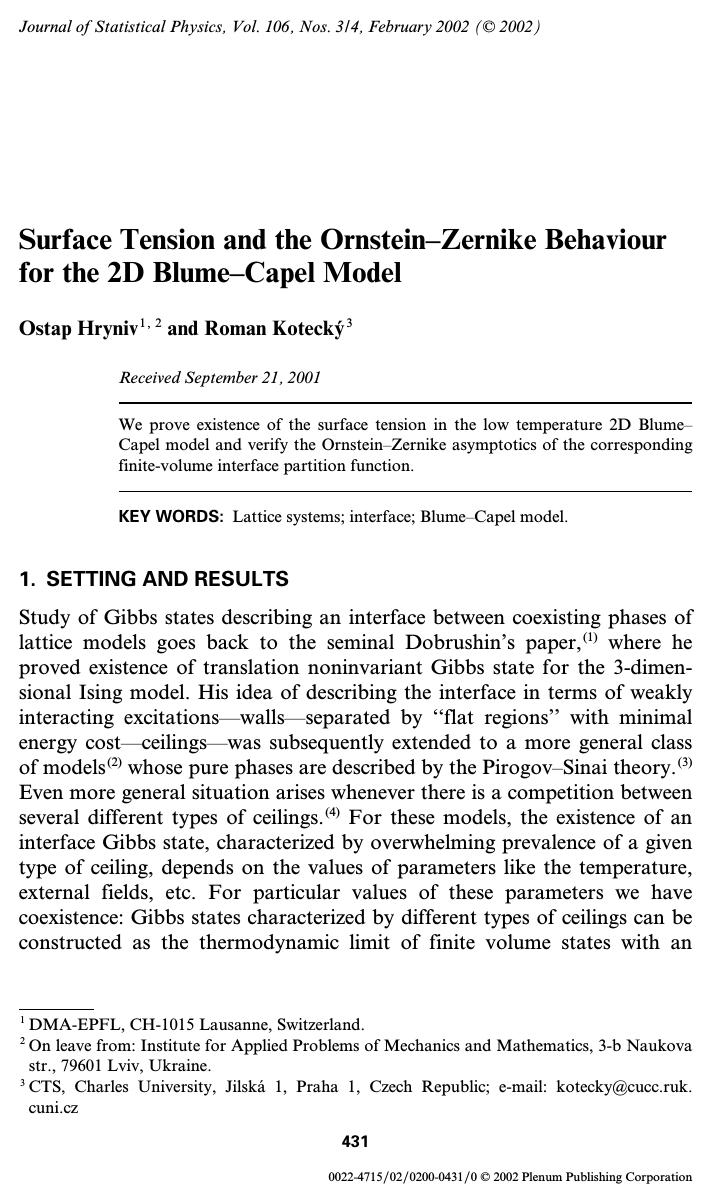 Surface Tension and the Ornstein&#x2013;Zernike Behaviour for the 2D Blume&#x2013;Capel Model by Unknown
