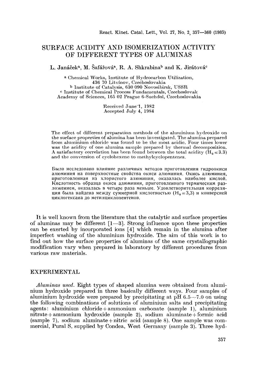 Surface acidity and isomerization activity of different types of aluminas by Unknown