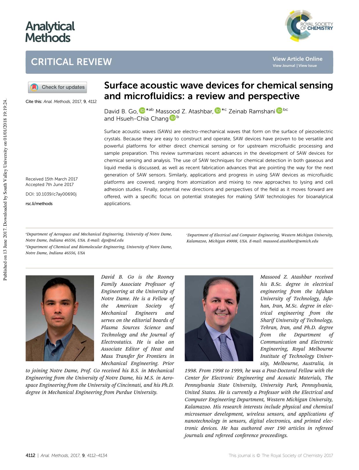 Surface acoustic wave devices for chemical sensing and microfluidics: a review and perspective by David B. Go & Massood Z. Atashbar & Zeinab Ramshani & Hsueh-Chia Chang