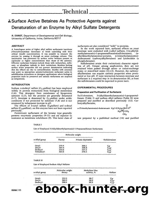 Surface active betaines as protective agents against denaturation of an enzyme by alkyl sulfate detergents by Unknown