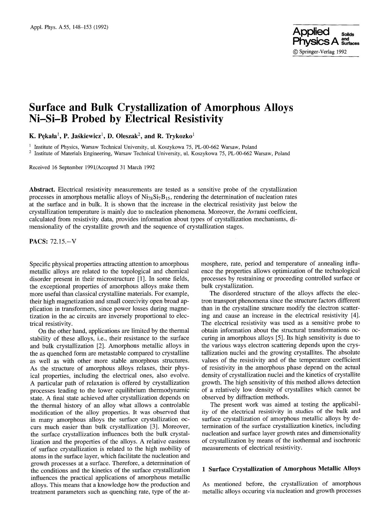 Surface and bulk crystallization of amorphous alloys Ni-Si-B probed by electrical resistivity by Unknown