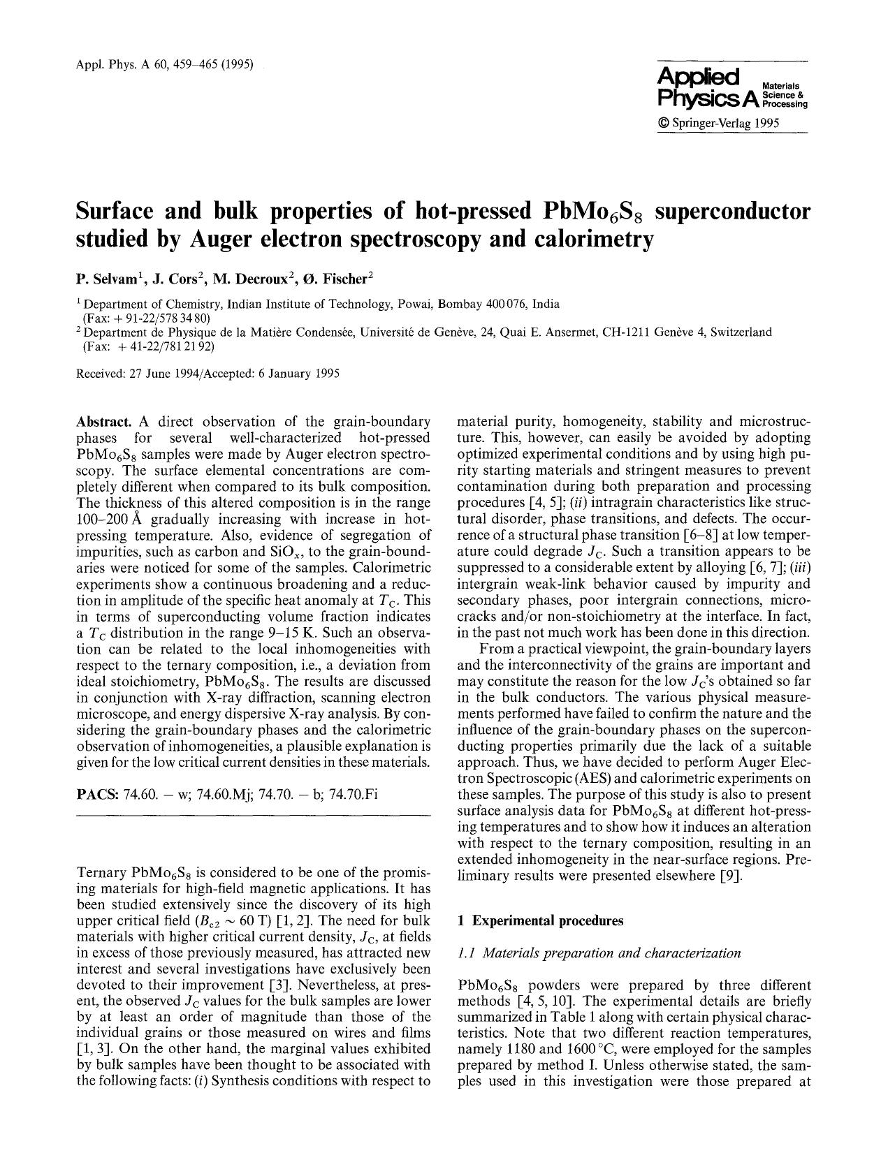 Surface and bulk properties of hot-pressed PbMo <Subscript>6 <Subscript>S <Subscript>8 <Subscript> superconductor studied by Auger electron spectroscopy and calorimetry by Unknown