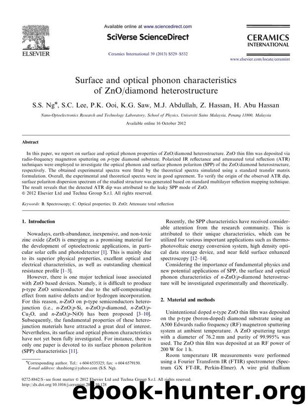 Surface and optical phonon characteristics of ZnOdiamond heterostructure by S.S. Ng & S.C. Lee & P.K. Ooi & K.G. Saw & M.J. Abdullah & Z. Hassan & H. Abu Hassan