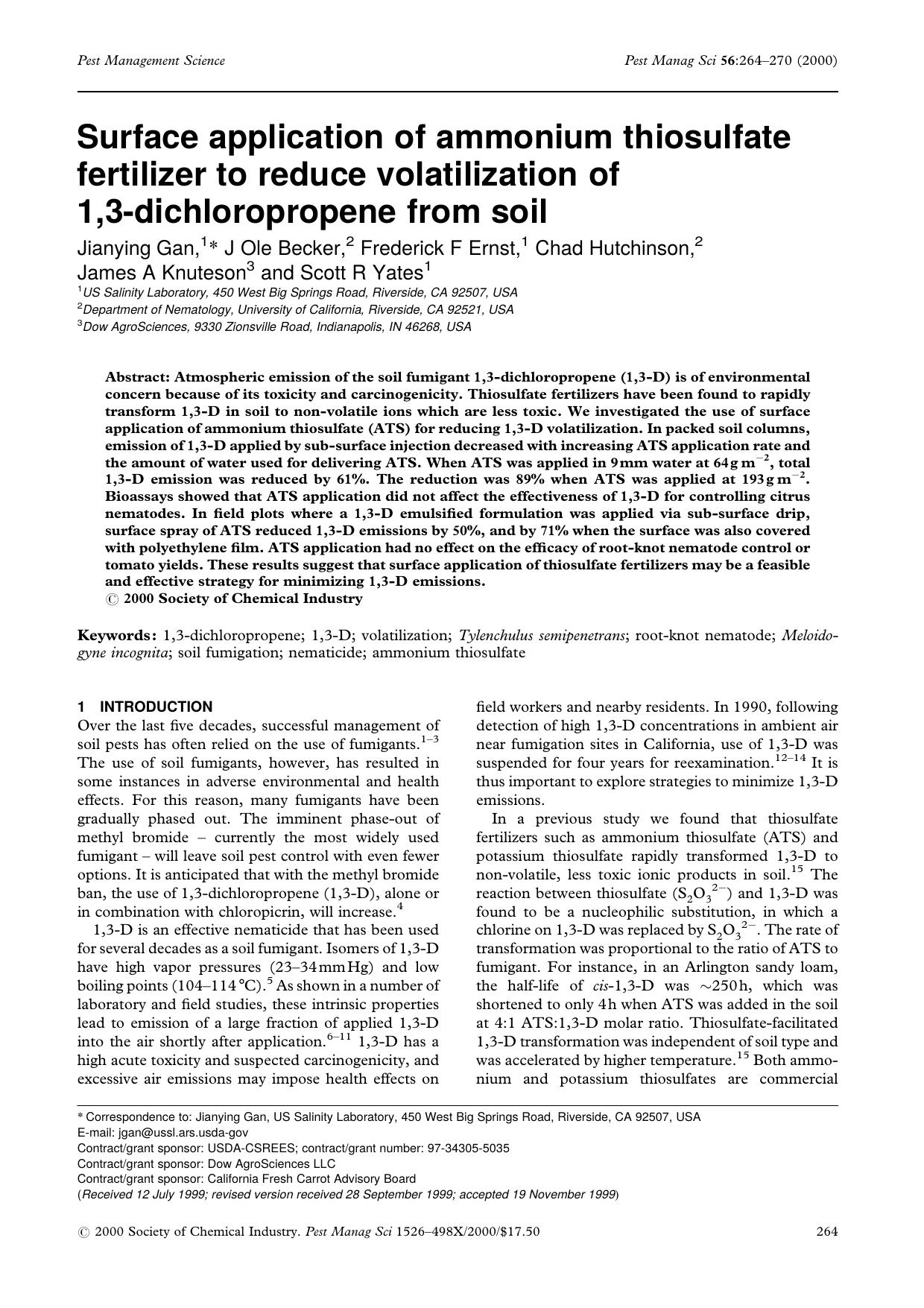 Surface application of ammonium thiosulfate fertilizer to reduce volatilization of 1,3-dichloropropene from soil by Unknown