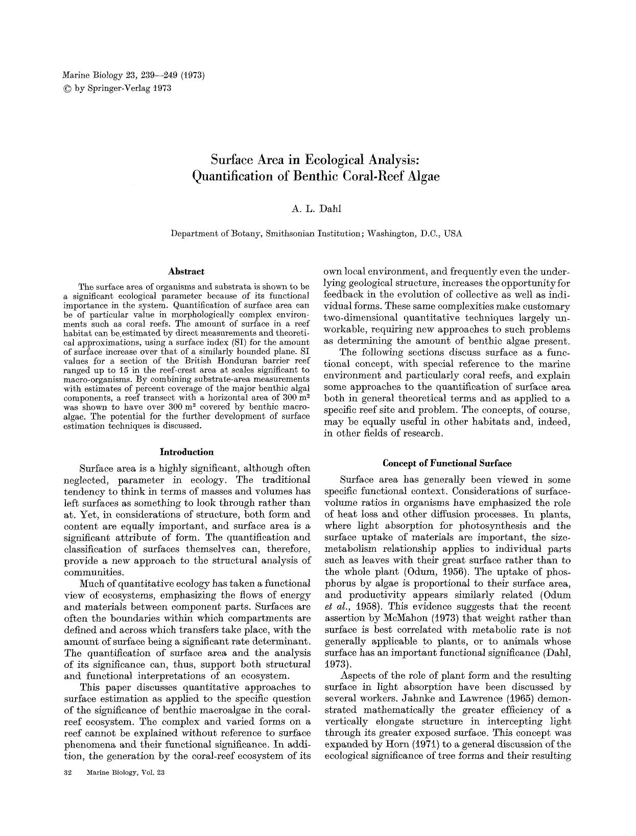 Surface area in ecological analysis: Quantification of benthic coral-reef algae by Unknown