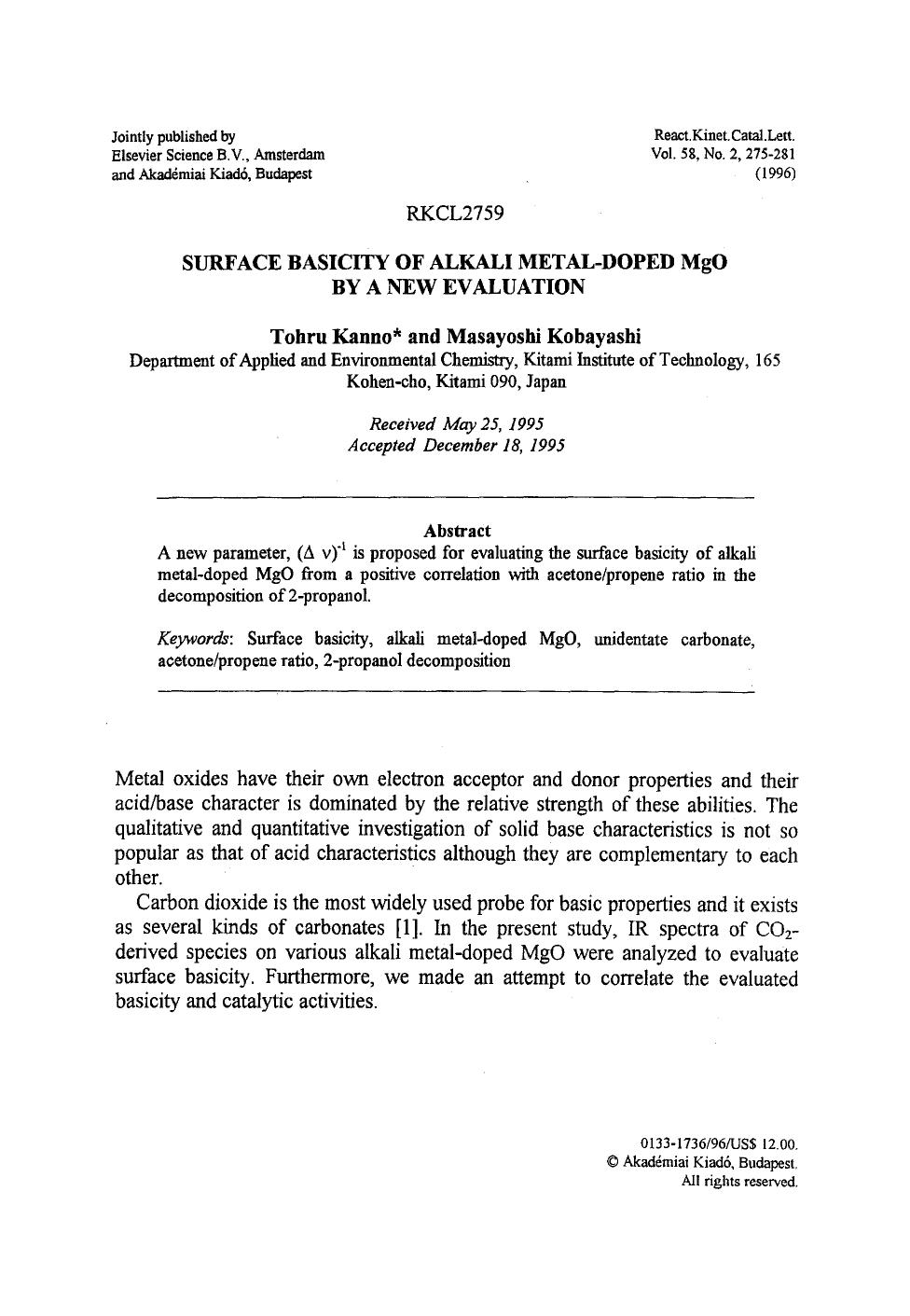 Surface basicity of alkali metal-doped MgO by a new evaluation by Unknown