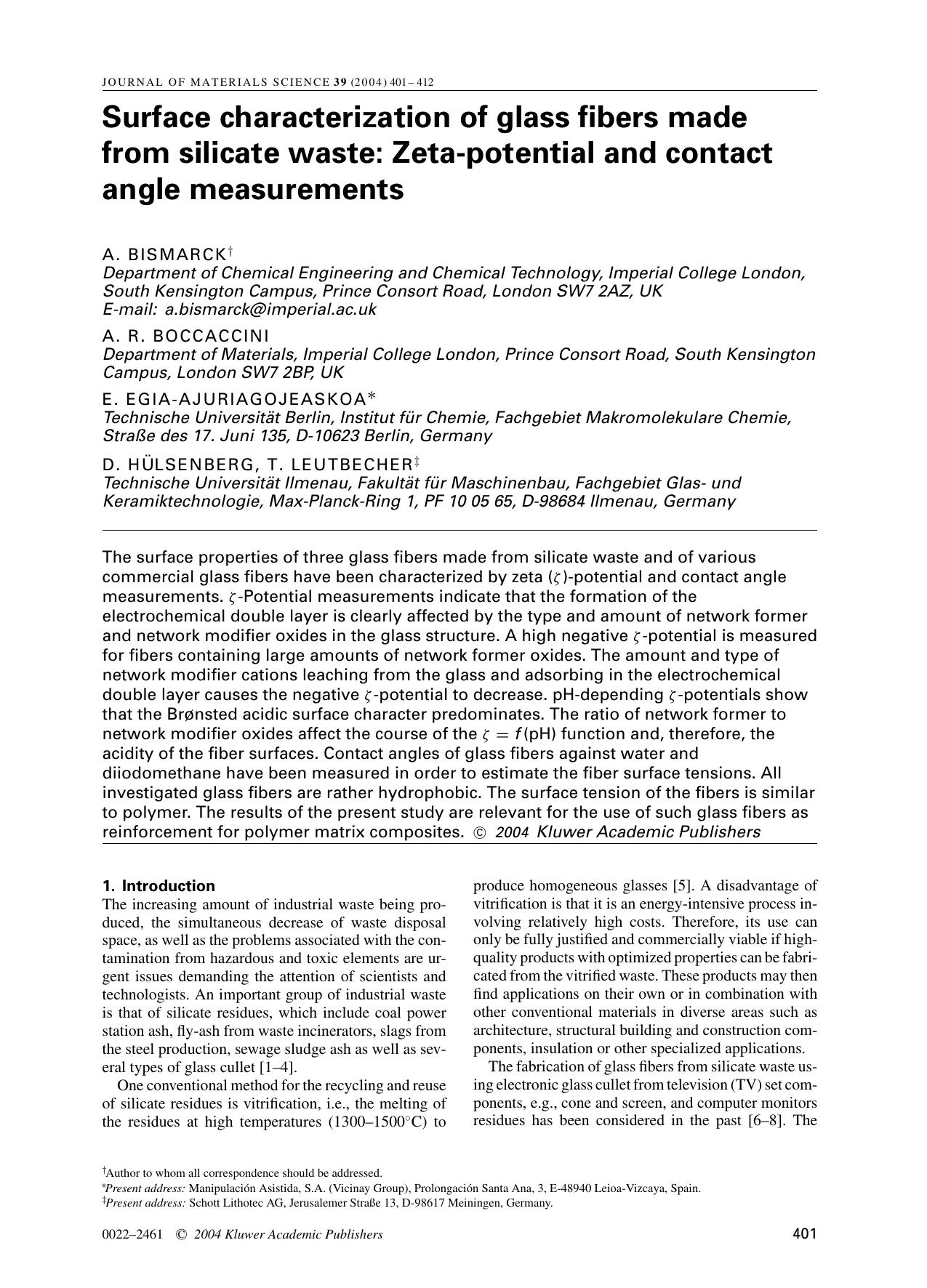 Surface characterization of glass fibers made from silicate waste: Zeta-potential and contact angle measurements by Unknown