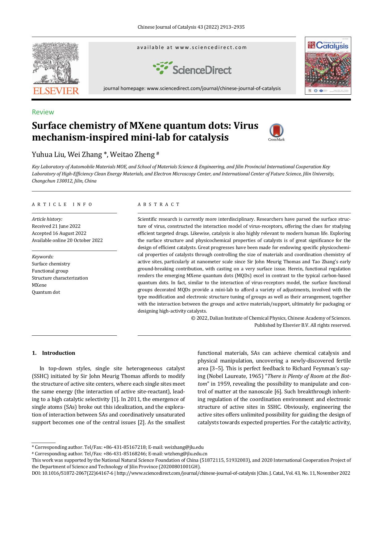 Surface chemistry of MXene quantum dots: Virus mechanism-inspired mini-lab for catalysis by Yuhua Liu & Wei Zhang & Weitao Zheng