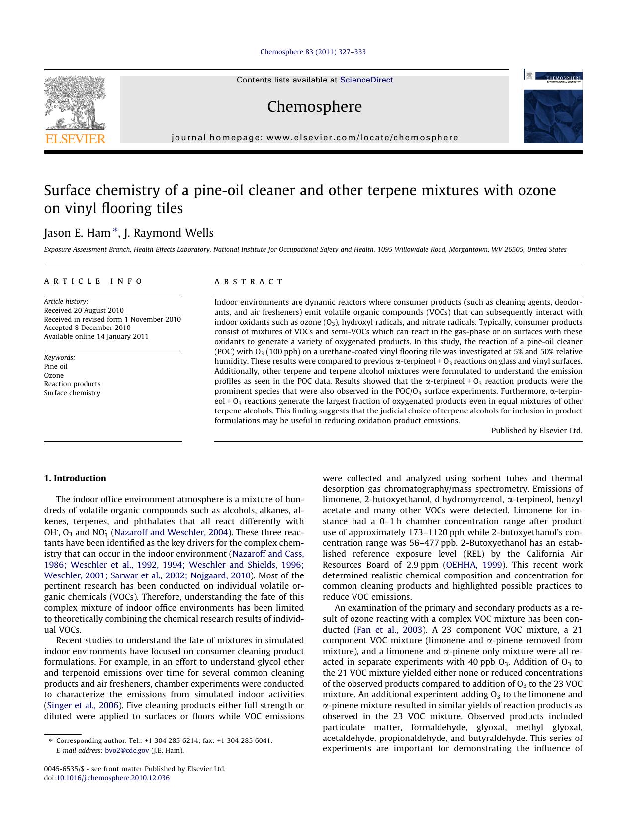 Surface chemistry of a pine-oil cleaner and other terpene mixtures with ozone on vinyl flooring tiles by Jason E. Ham & J. Raymond Wells
