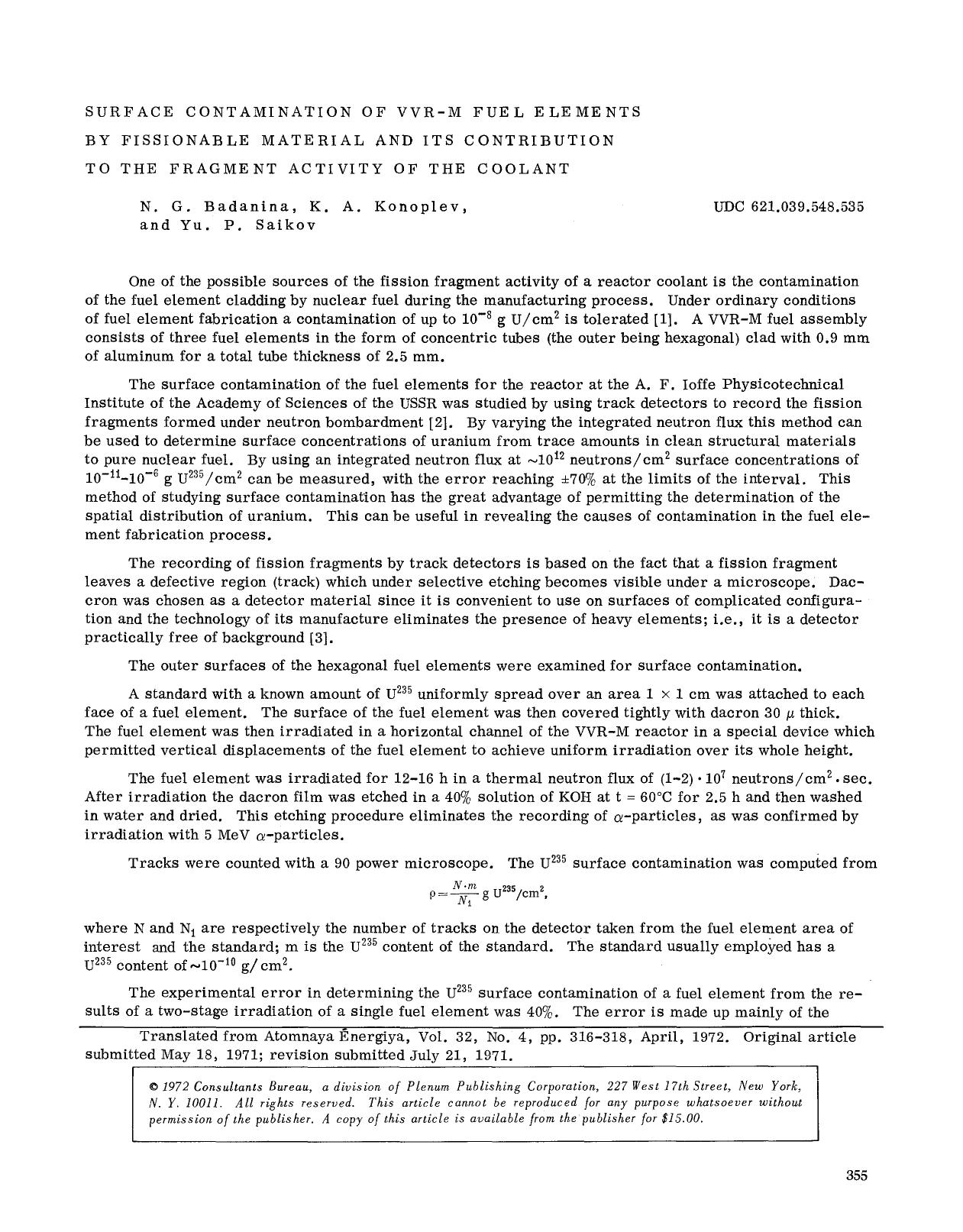 Surface contamination of VVR-M fuel elements by fissionable material and its contribution to the fragment activity of the coolant by Unknown