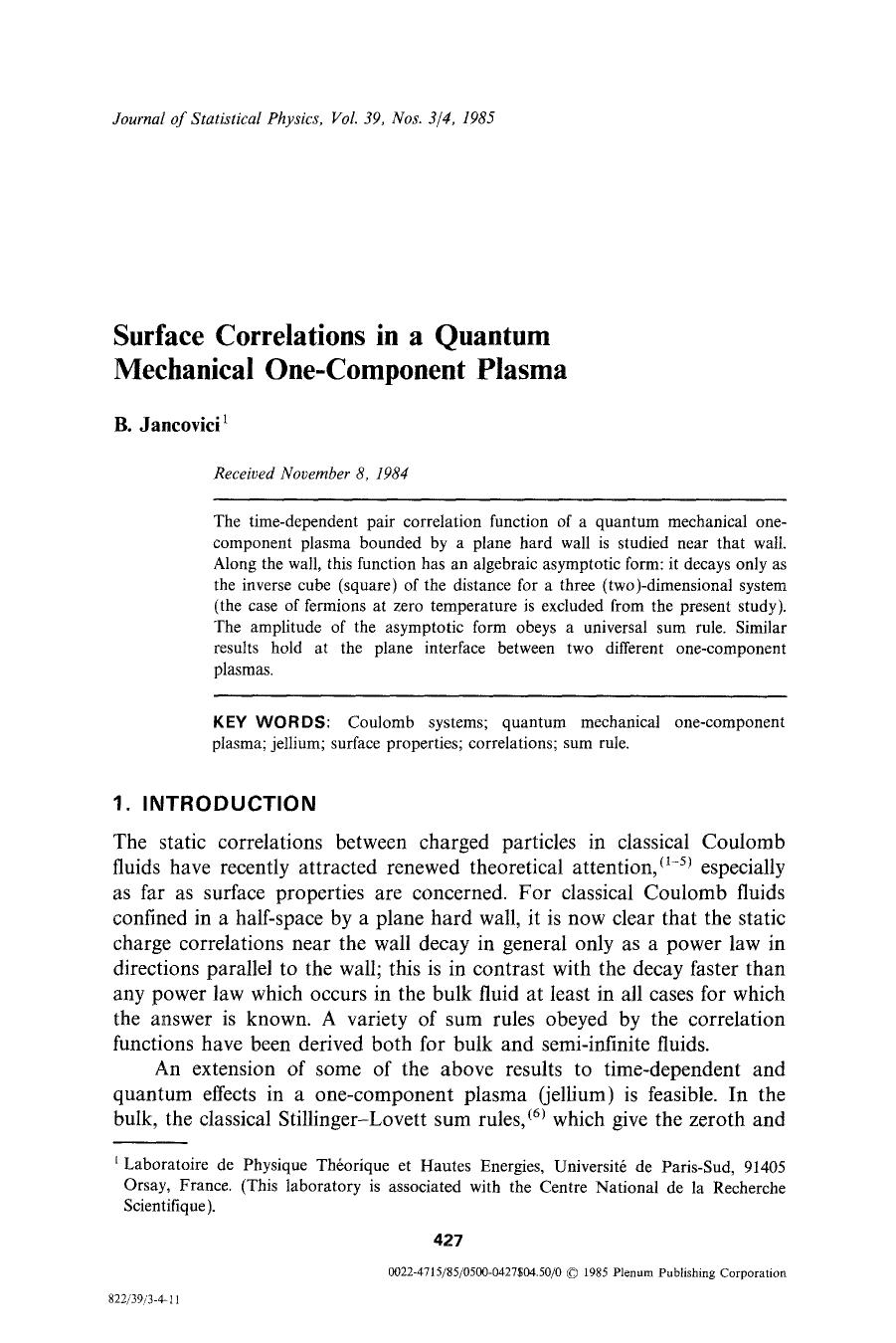 Surface correlations in a quantum mechanical one-component plasma by Unknown