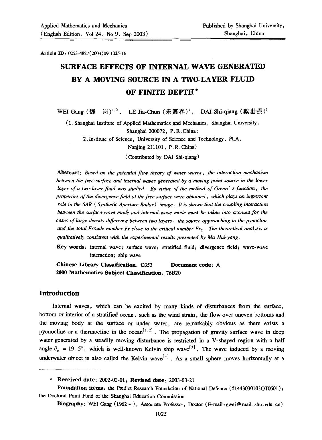 Surface effects of internal wave generated by a moving source in a two-layer fluid of finite depth by Unknown