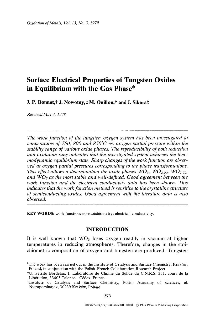 Surface electrical properties of tungsten oxides in equilibrium with the gas phase by Unknown