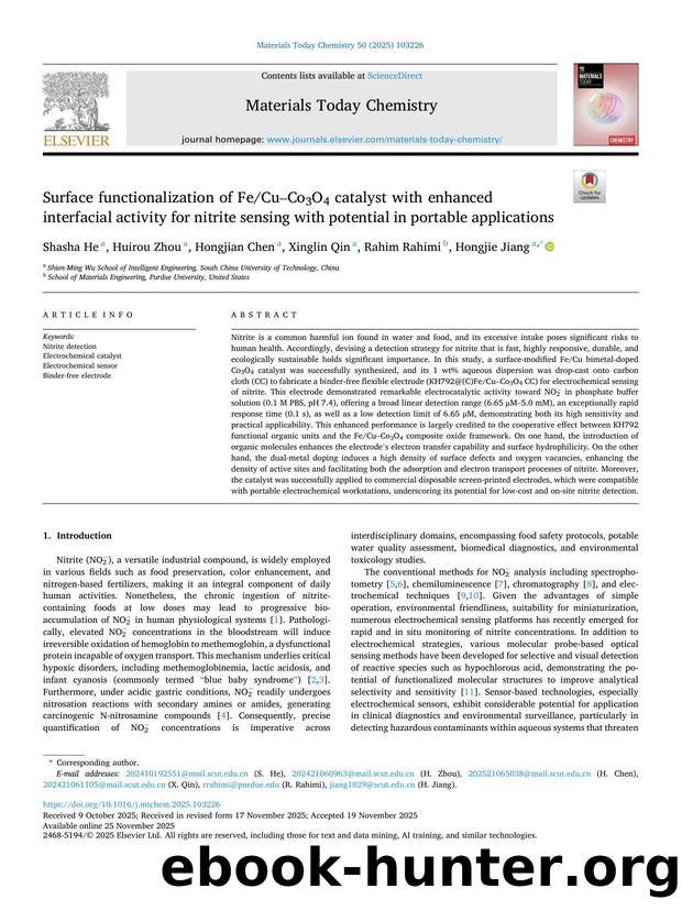 Surface functionalization of FeCuâCo3O4 catalyst with enhanced interfacial activity for nitrite sensing with potential in portable applications by Shasha He & Huirou Zhou & Hongjian Chen & Xinglin Qin & Rahim Rahimi & Hongjie Jiang