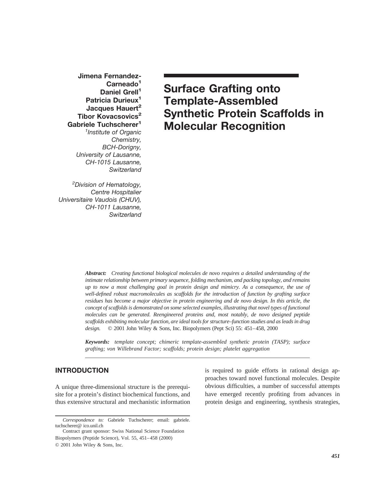 Surface grafting onto template-assembled synthetic protein scaffolds in molecular recognition by Unknown