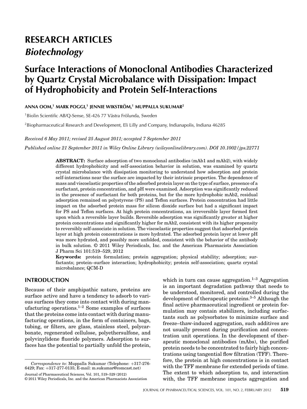 Surface interactions of monoclonal antibodies characterized by quartz crystal microbalance with dissipation: Impact of hydrophobicity and protein selfinteractions by Unknown