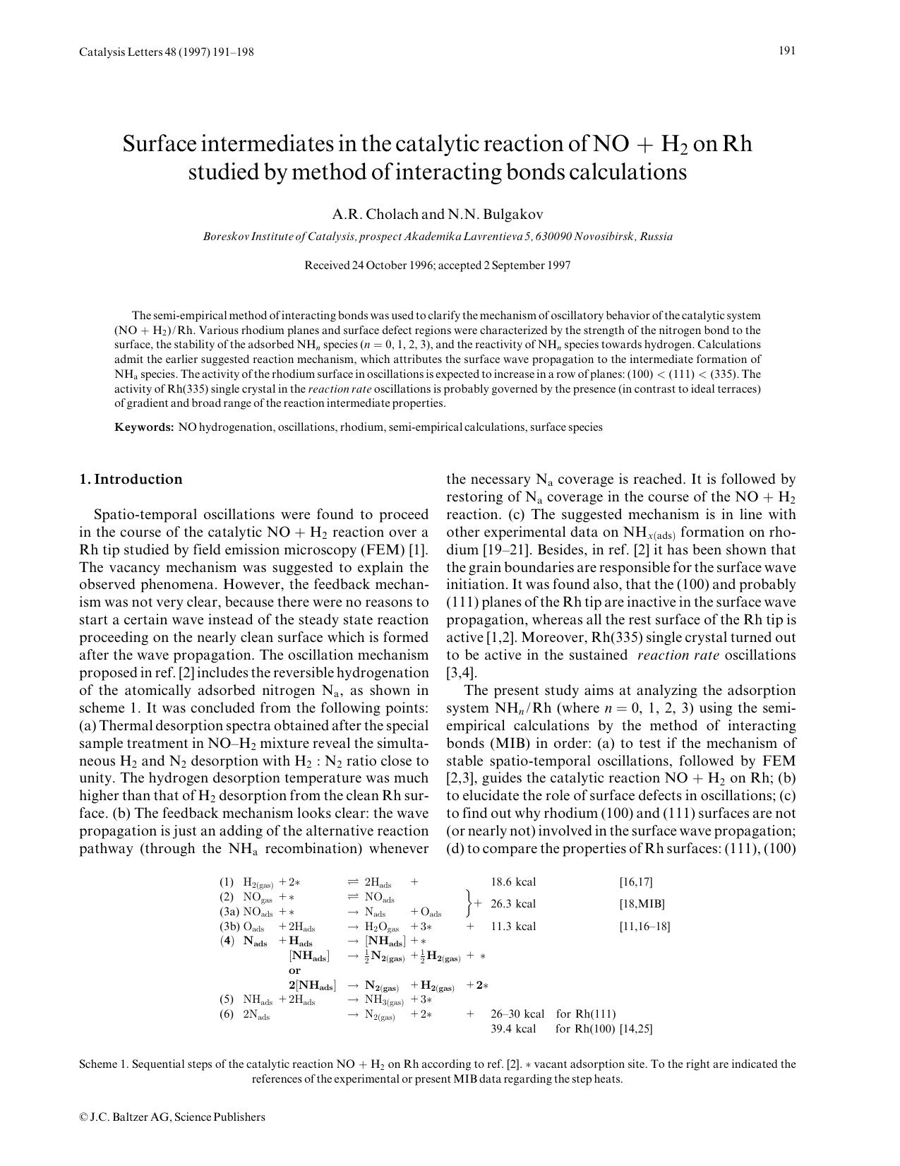 Surface intermediates in the catalytic reaction of NO+H<Subscript>2<Subscript> on Rh studied by method of interacting bonds calculations by Unknown