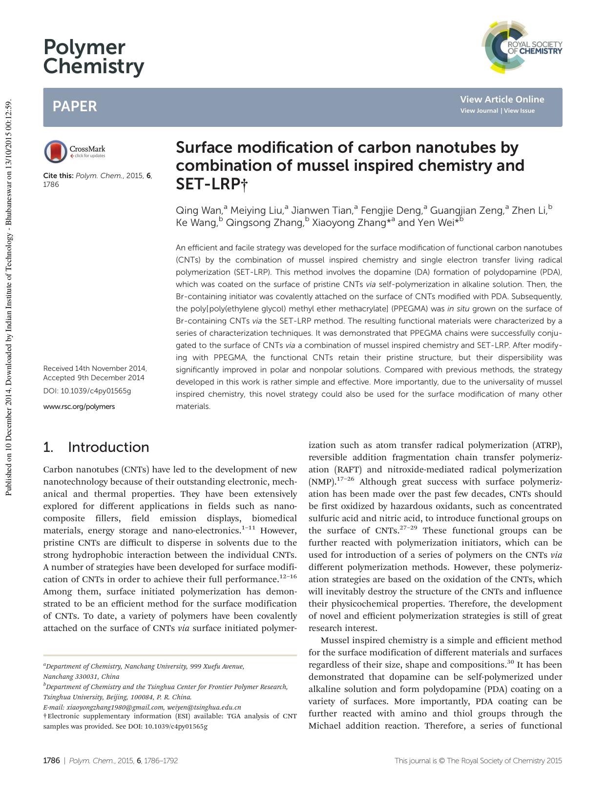 Surface modification of carbon nanotubes by combination of mussel inspired chemistry and SET-LRP by unknow