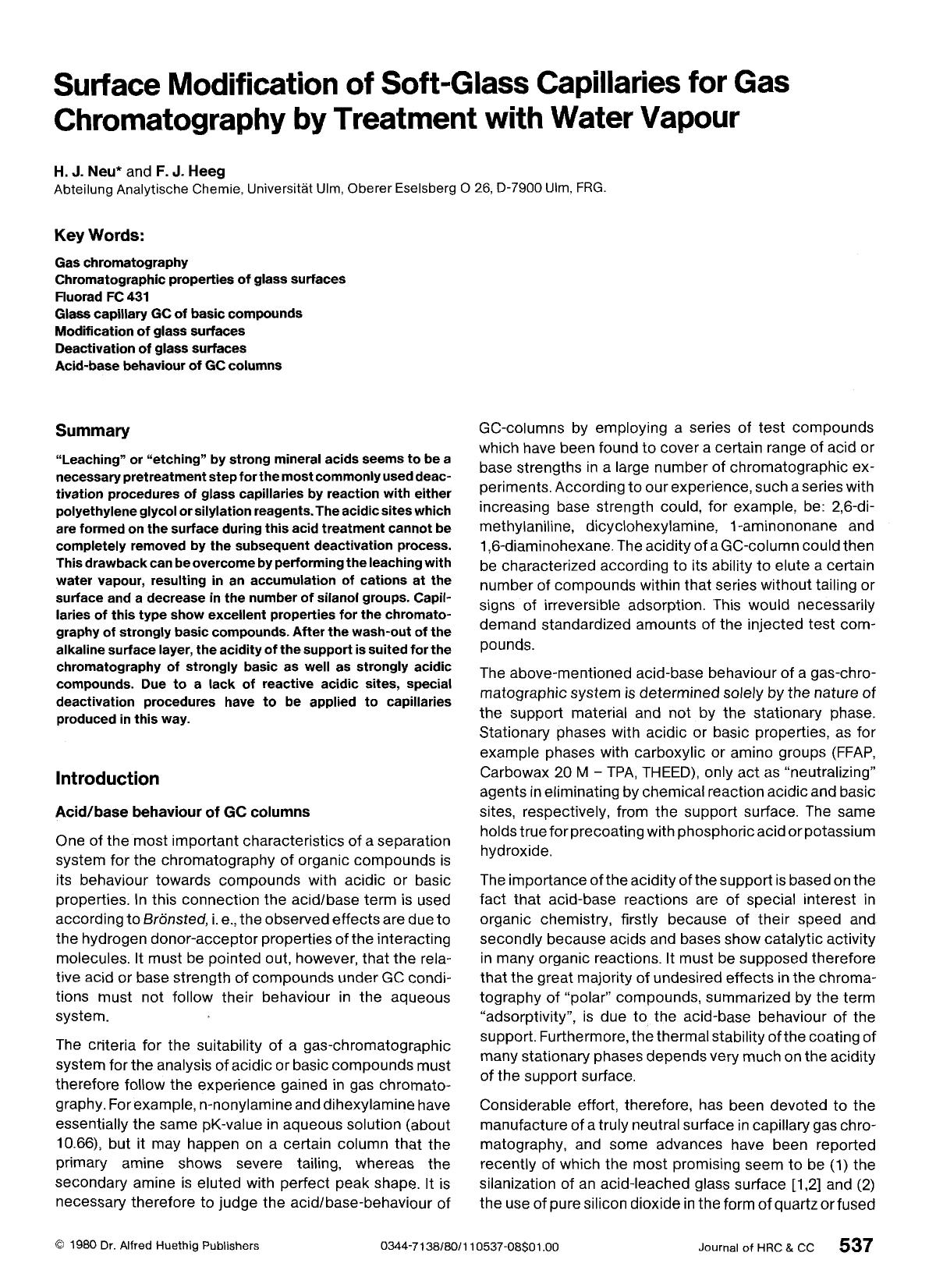 Surface modification of soft-glass capillaries for gas chromatography by treatment with water vapour by Unknown
