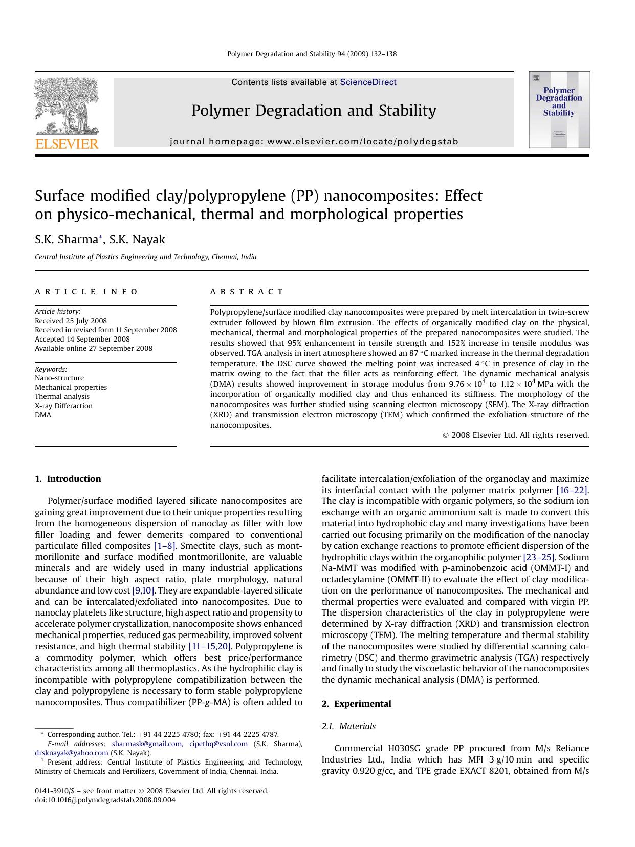 Surface modified claypolypropylene (PP) nanocomposites: Effect on physico-mechanical, thermal and morphological properties by S.K. Sharma; S.K. Nayak“““““““