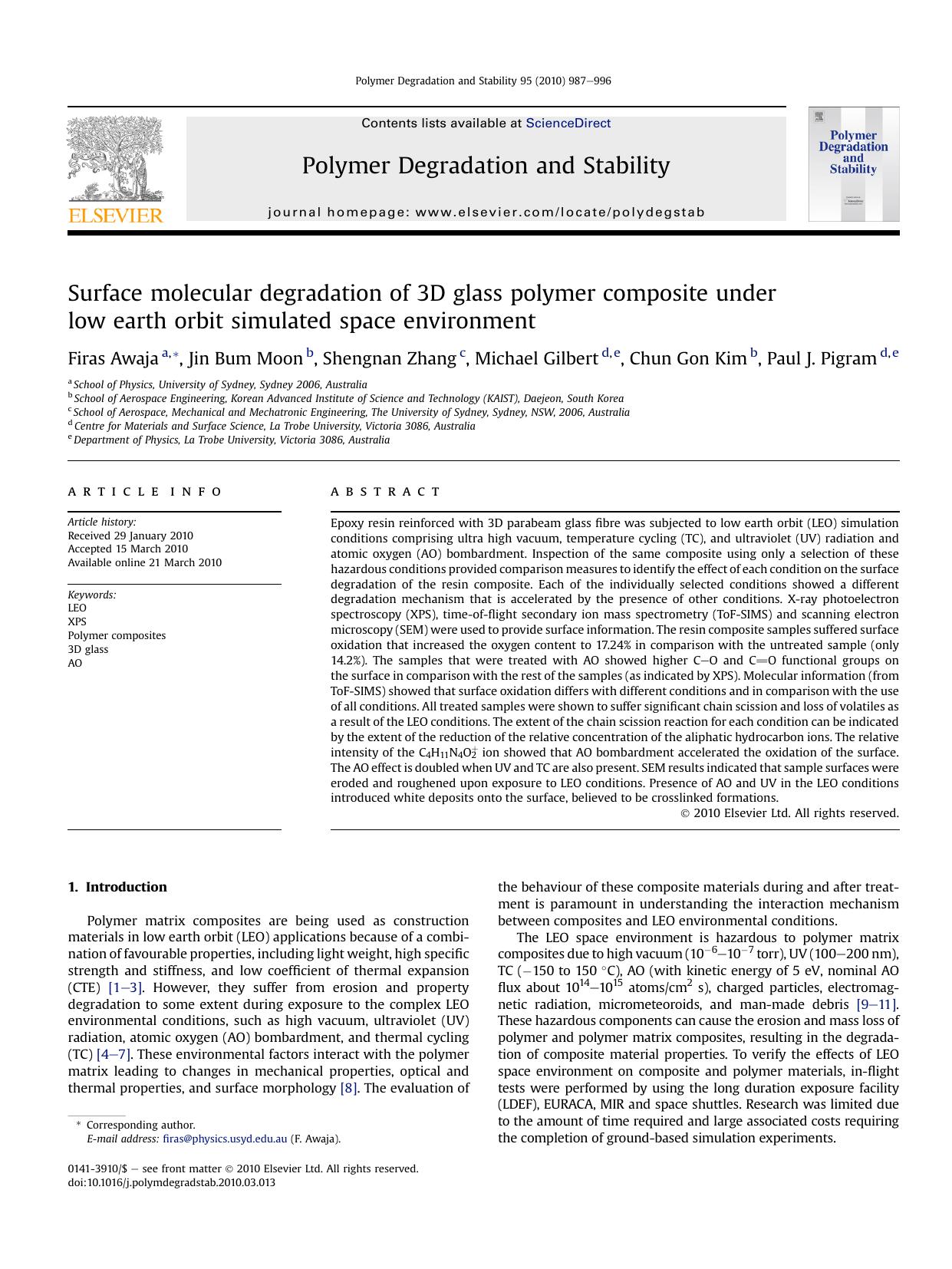 Surface molecular degradation of 3D glass polymer composite under low earth orbit simulated space environment by Firas Awaja; Jin Bum Moon; Shengnan Zhang; Michael Gilbert; Chun Gon Kim; Paul J. Pigram