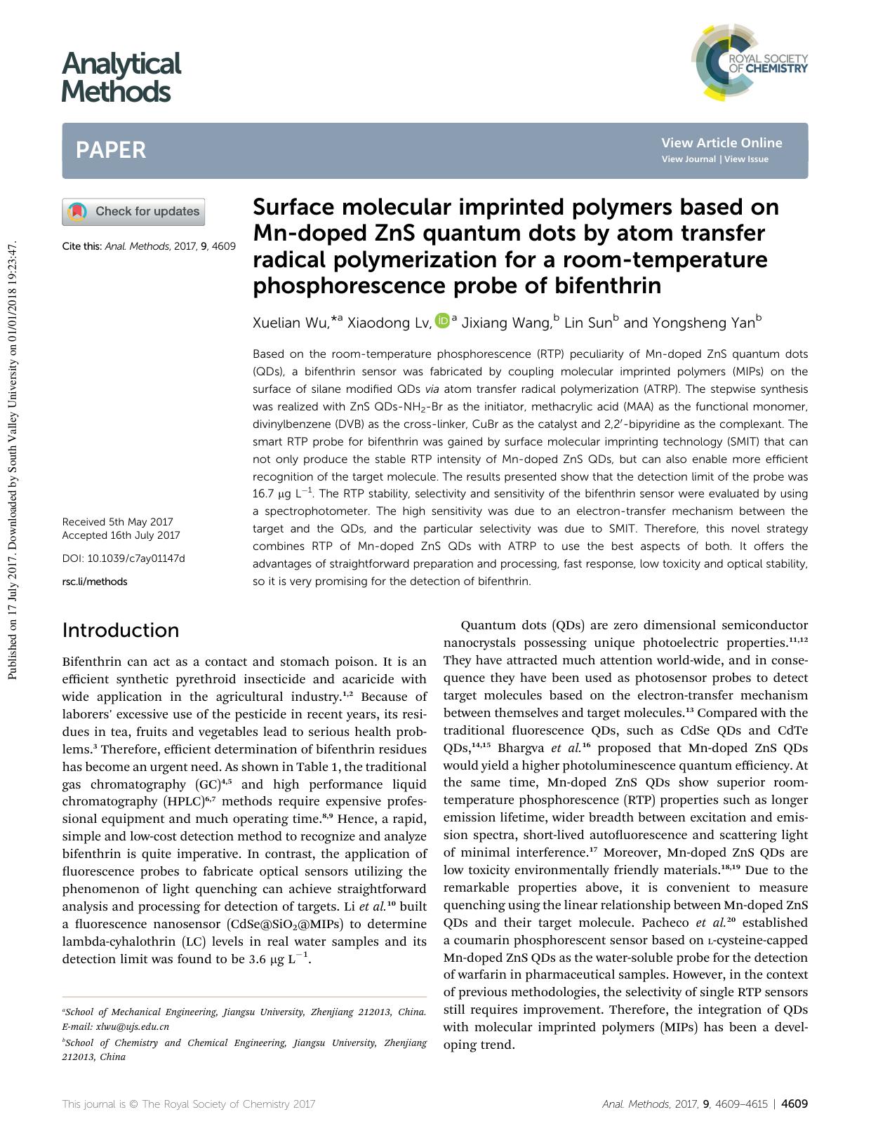 Surface molecular imprinted polymers based on Mn-doped ZnS quantum dots by atom transfer radical polymerization for a room-temperature phosphorescence probe of bifenthrin by Xuelian Wu & Xiaodong Lv & Jixiang Wang & Lin Sun & Yongsheng Yan