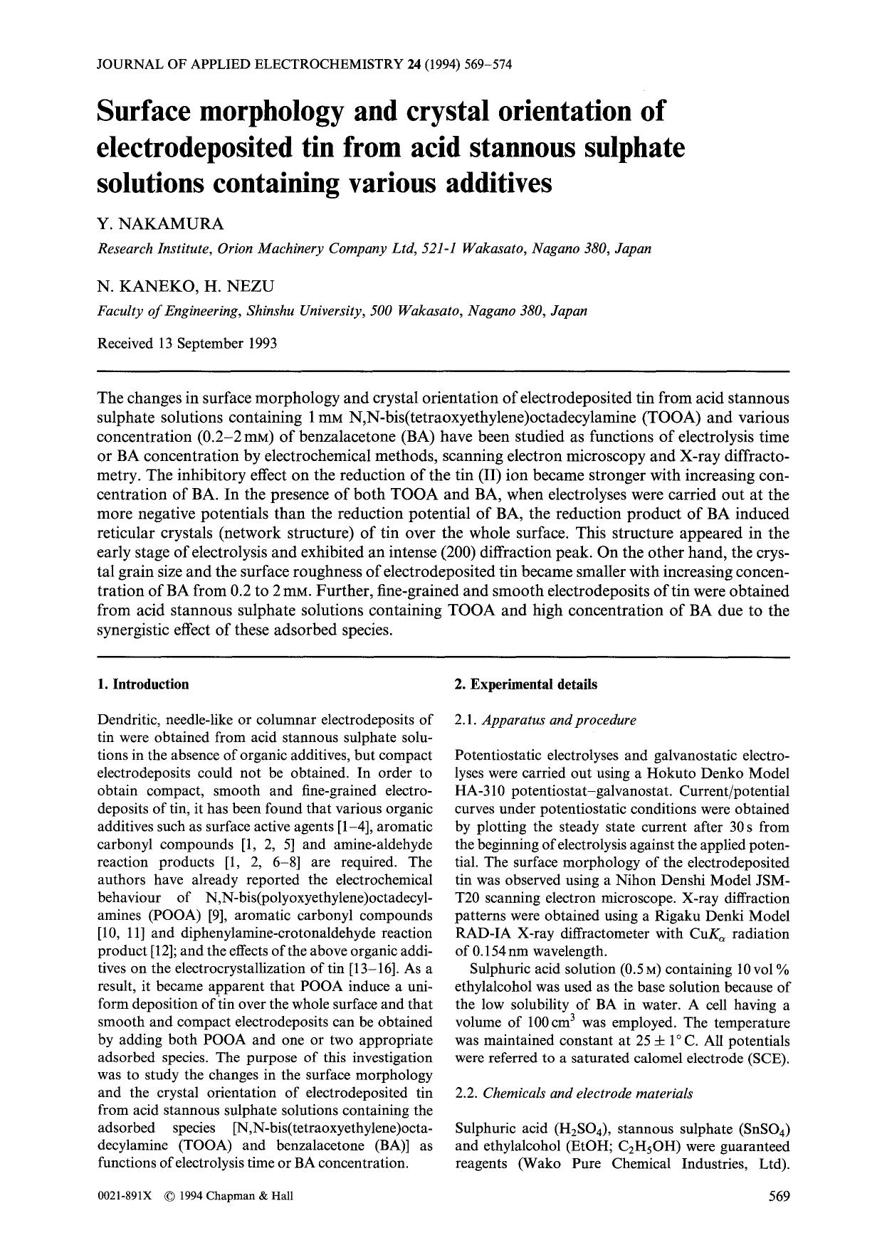 Surface morphology and crystal orientation of electrodeposited tin from acid stannous sulphate solutions containing various additives by Unknown