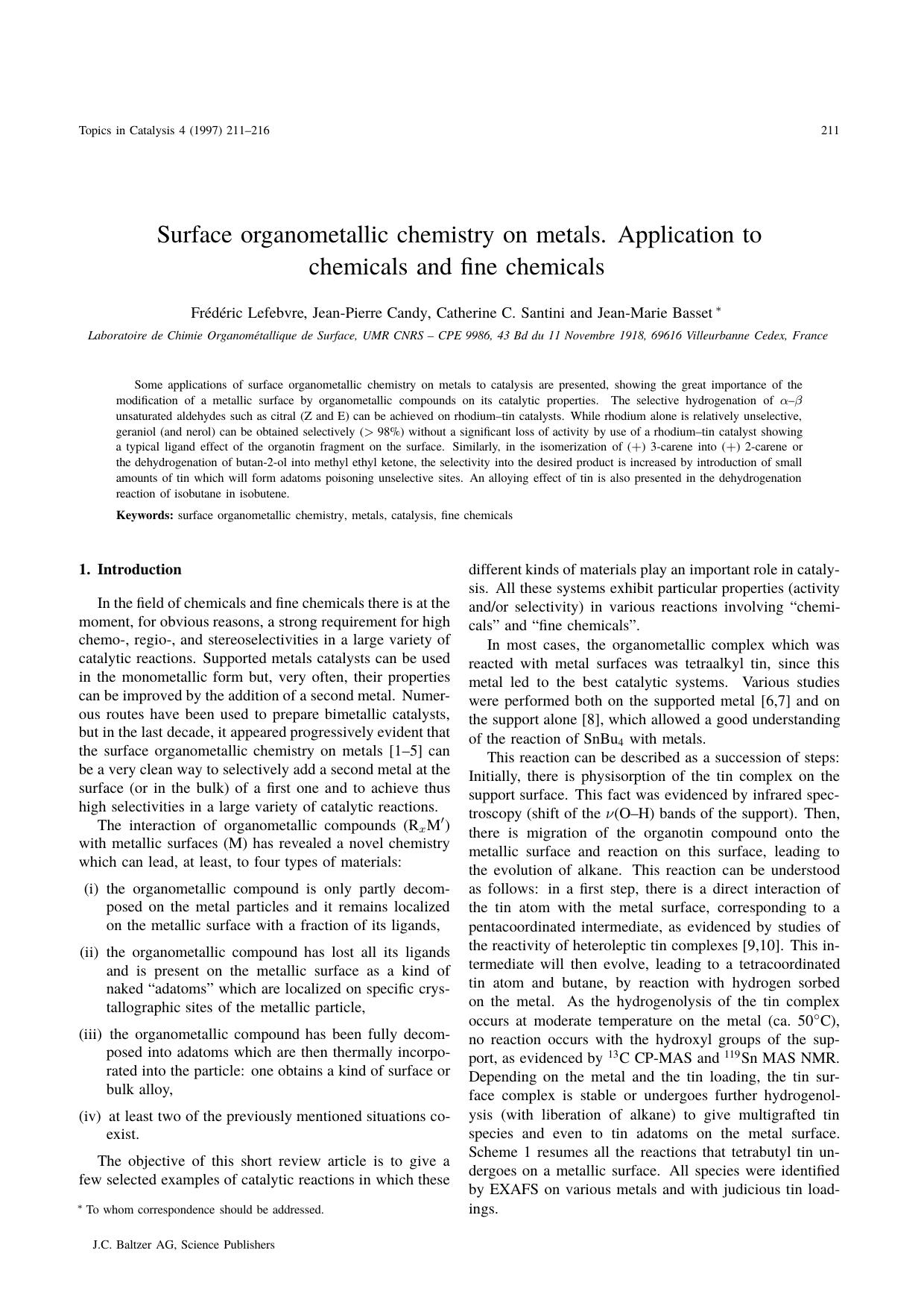 Surface organometallic chemistry on metals. Application to chemicals and fine chemicals by Unknown