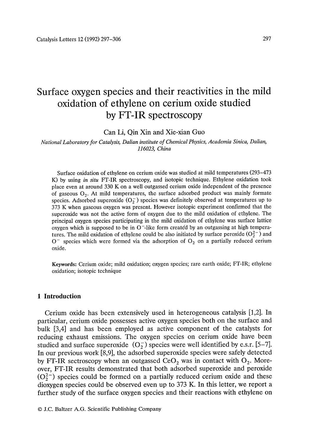 Surface oxygen species and their reactivities in the mild oxidation of ethylene on cerium oxide studied by FT-IR spectroscopy by Unknown