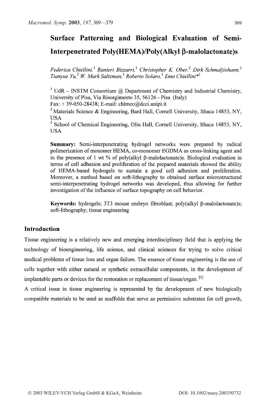 Surface patterning and biological evaluation of semi-interpenetrated poly(HEMA)poly(alkyl [bgr]-malolactonate)s by Unknown