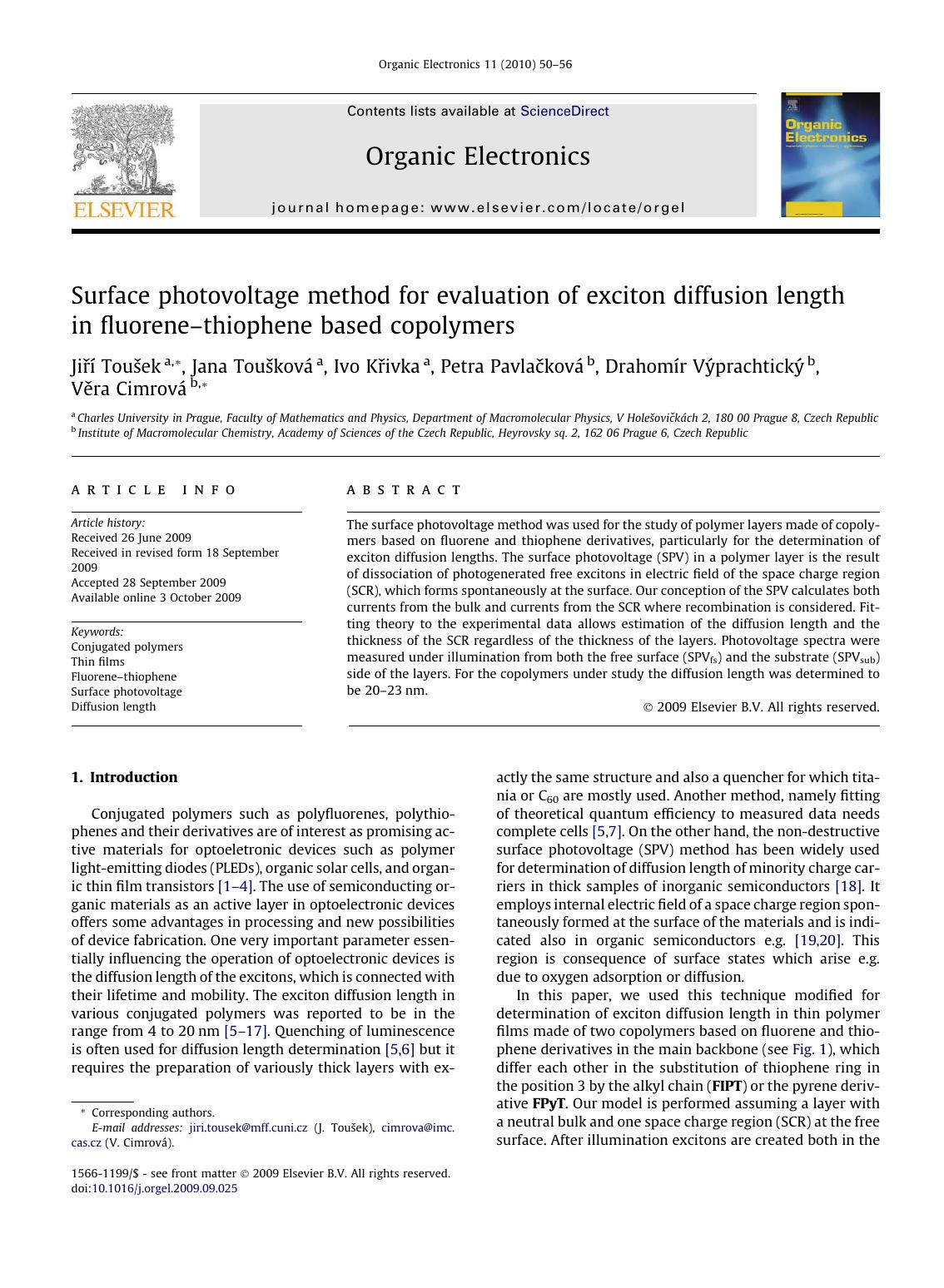 Surface photovoltage method for evaluation of exciton diffusion length in fluoreneâthiophene based copolymers by unknow