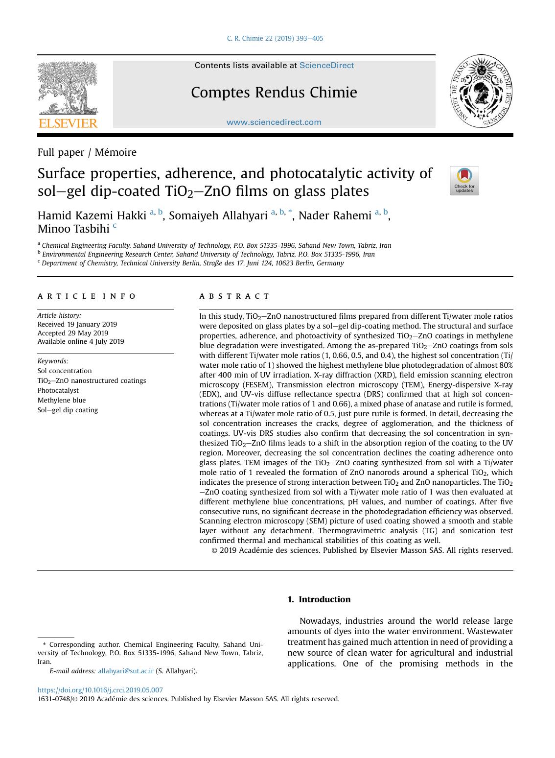 Surface properties, adherence, and photocatalytic activity of sol-gel dip-coated TiO2-ZnO films on glass plates by Hamid Kazemi Hakki & Somaiyeh Allahyari & Nader Rahemi & Minoo Tasbihi